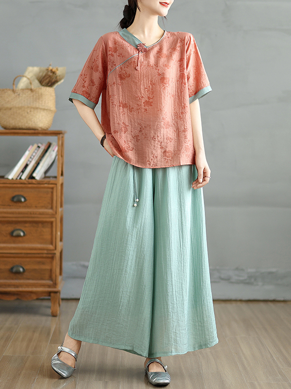 Linen Pant Wide - Chinese Floral Print Linen Silk V-Neck