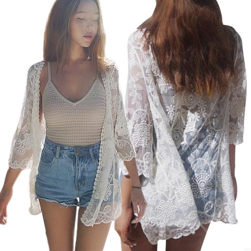 Kimono Sheer Floral - Women Lace Open Front Kimono Cardigan