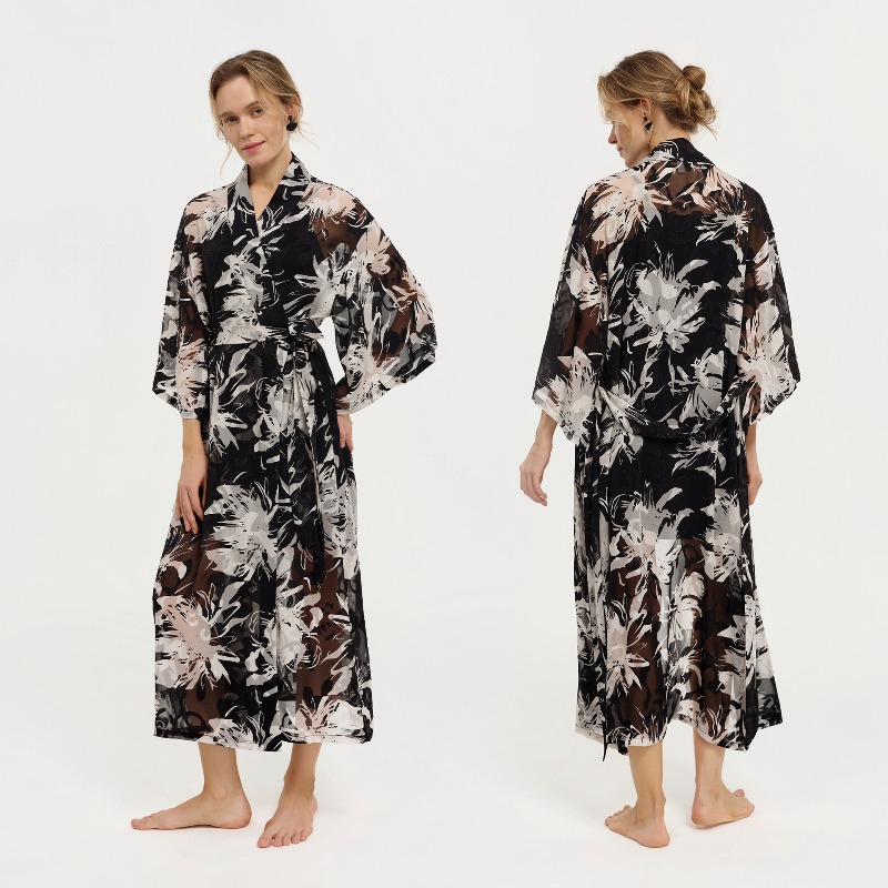 Kimono Sheer Floral - Women Black White Ink Floral Sheer