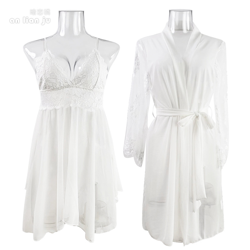Women White Nightwear Set Flor - Kimono Sheer Floral recension och pris