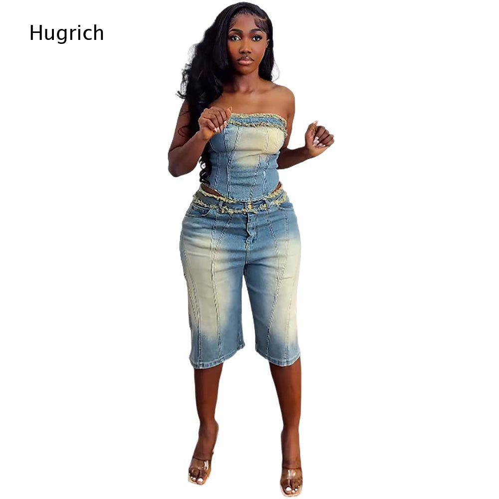 Ladies Washed Strapless Crop T - Shorts Denim Frayed recension och pris