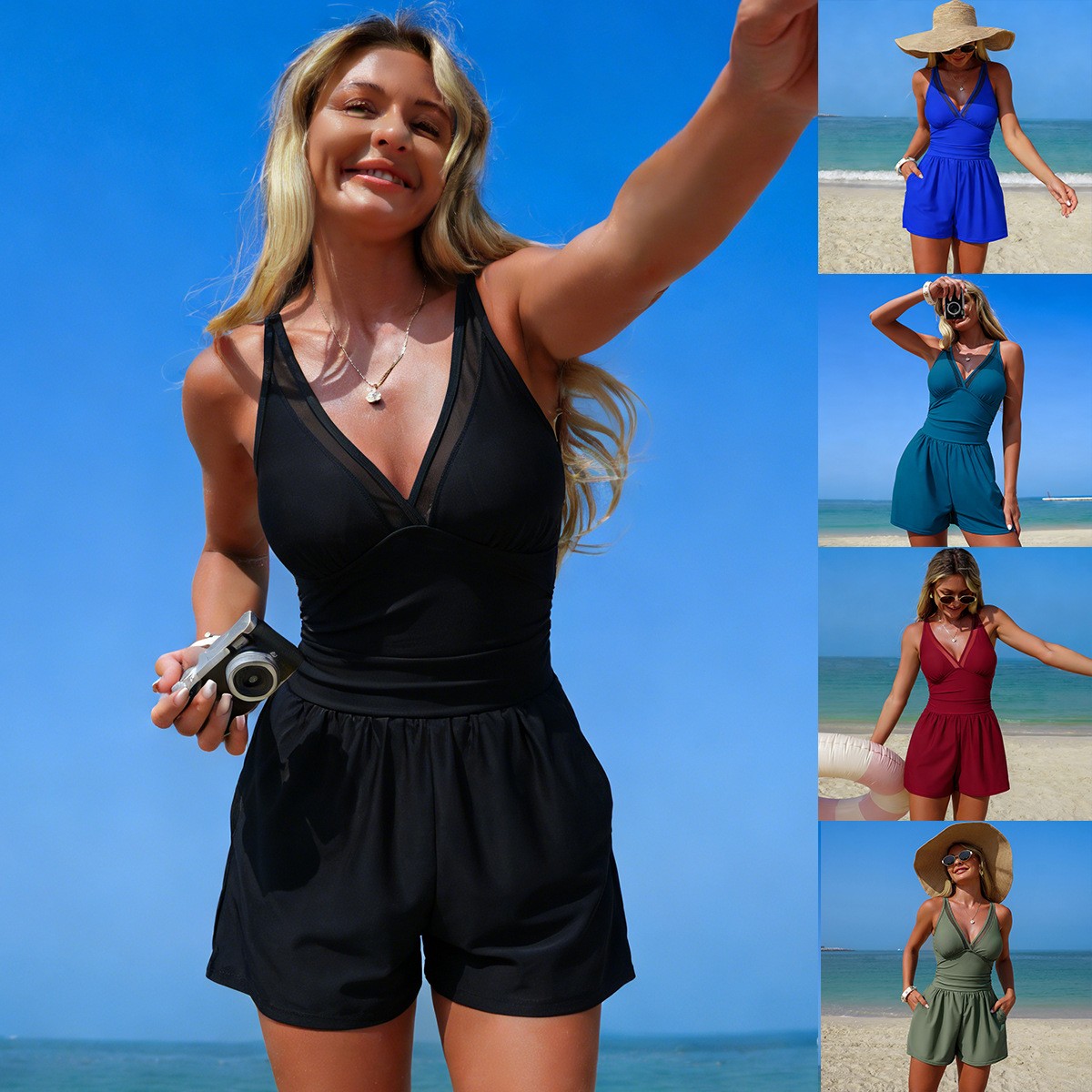 Black Solid Color Sleeveless V - Swimsuit Bikini Ruched recension och pris