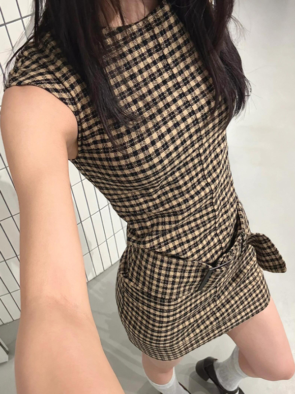 Retro Korean Plaid Slimming Ve - Linen Dress Wrap recension och pris