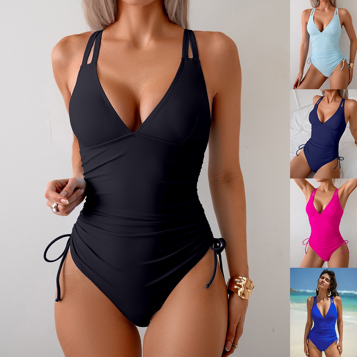 Solid Black Swimsuit V Neck Ru - Swimsuit Bikini Ruched recension och pris