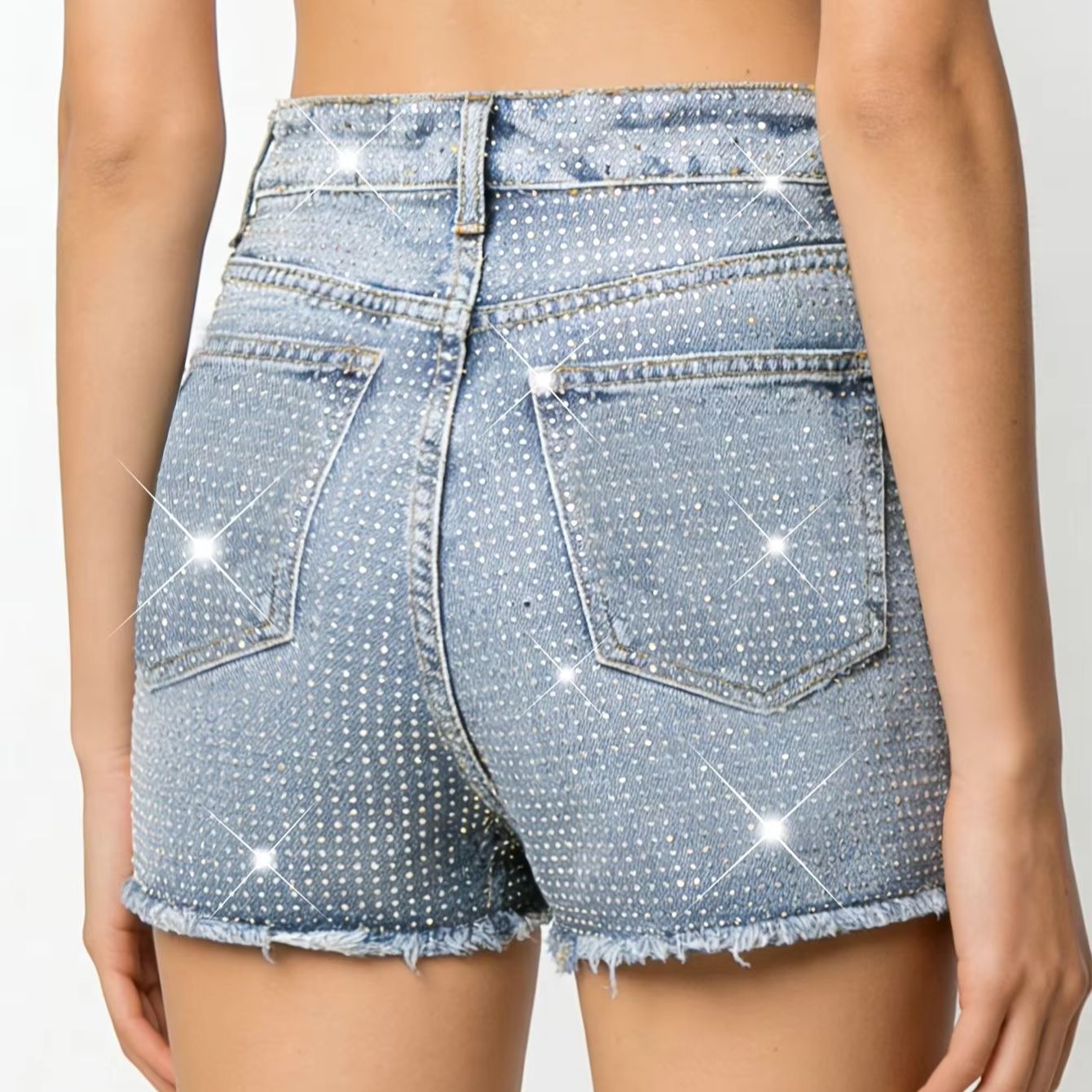 2026 New Full-Bejeweled Elasti - Shorts Denim Frayed recension och pris
