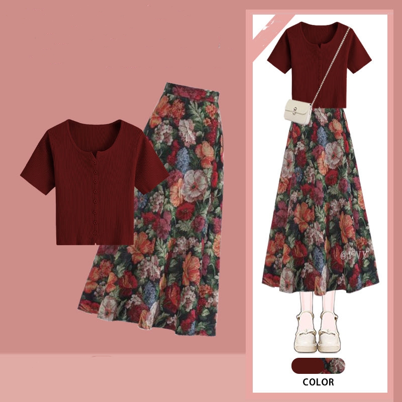 Women Lucky Wine Red T-Shirts  - Midi Skirt Floral recension och pris